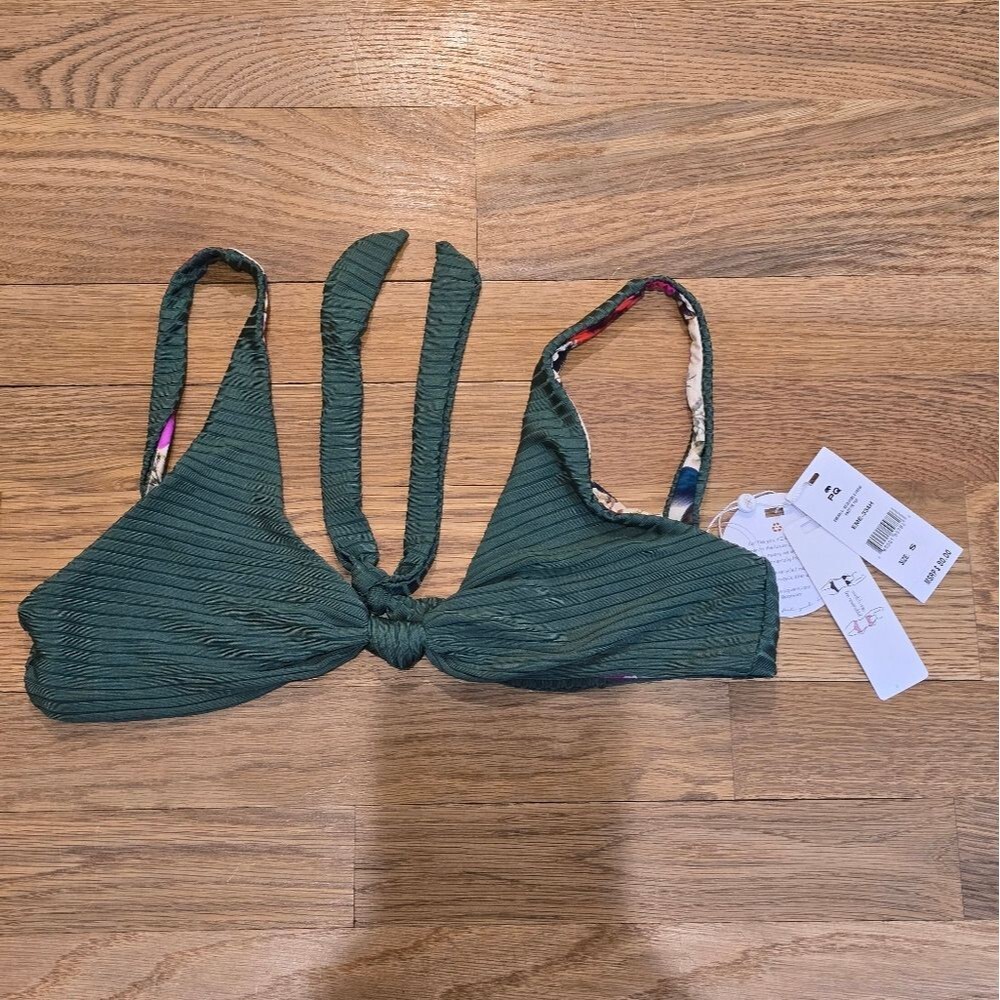NWT PQ Swim Ribbed Bikini Top Reversible Green Desert Rose Floral Sz S - Picture 2 of 3